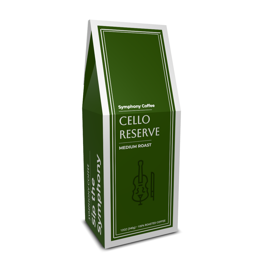 Coffee bag labeled 'Cello Reserve' by Symphony Coffee on a white background