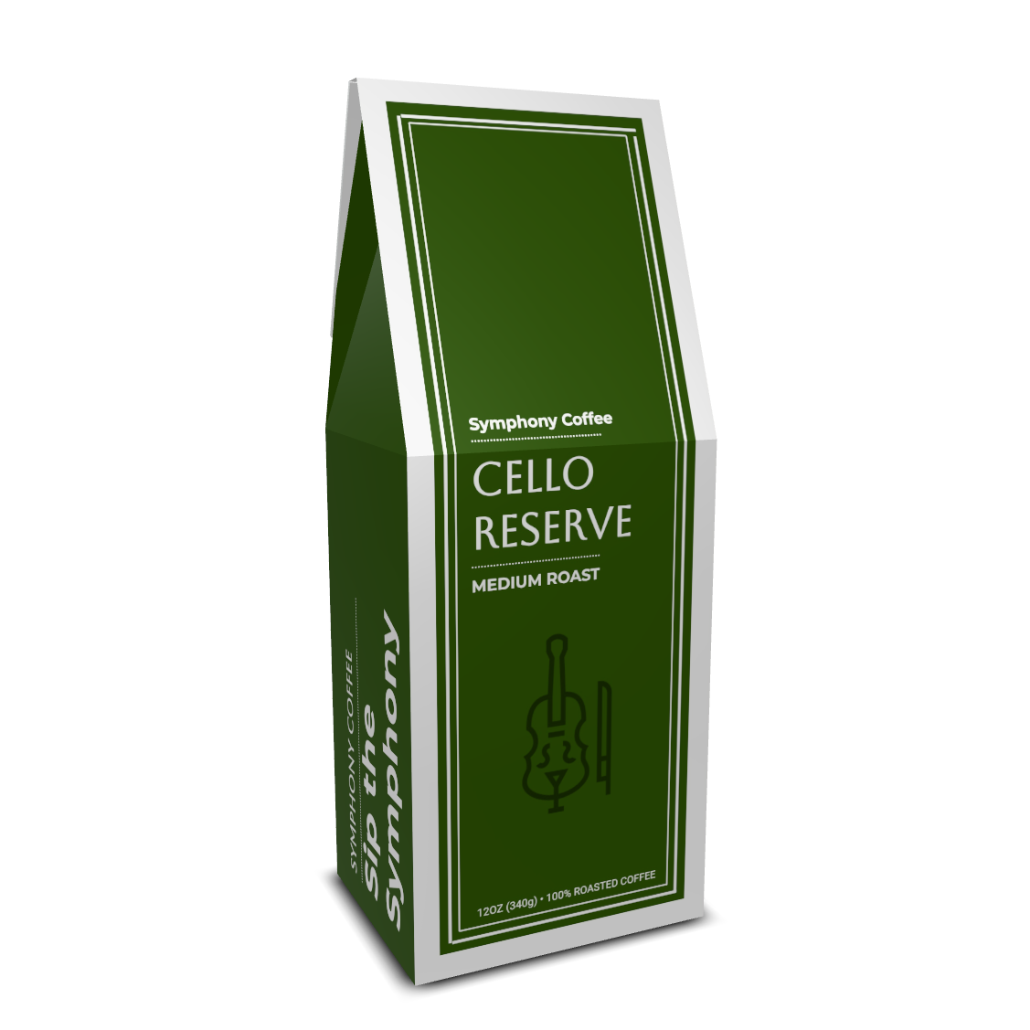 Coffee bag labeled 'Cello Reserve' by Symphony Coffee on a white background