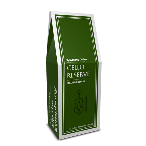 Coffee bag labeled 'Cello Reserve' by Symphony Coffee on a white background