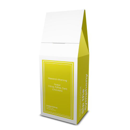 White and yellow coffee packaging on a white background. Back view of Maestro's Morning Coffee packaging