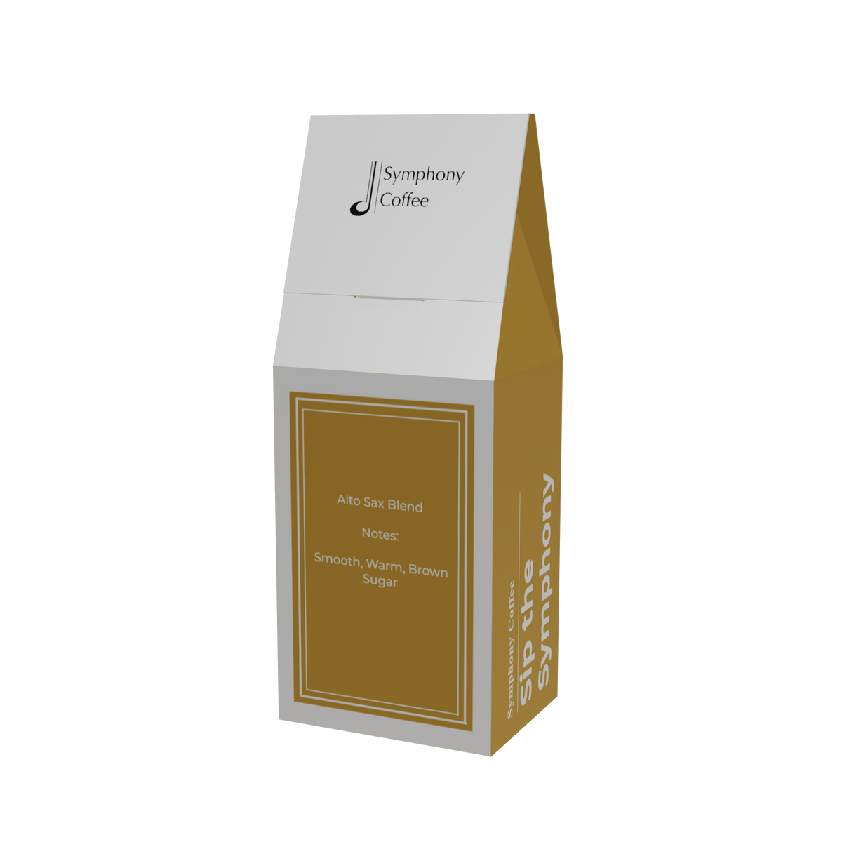 A custom paper package for Symphony Coffee's Alto Sax Blend back. The packaging features a white top flap and sides with a large, warm brown-gold front panel containing the product name and description.
