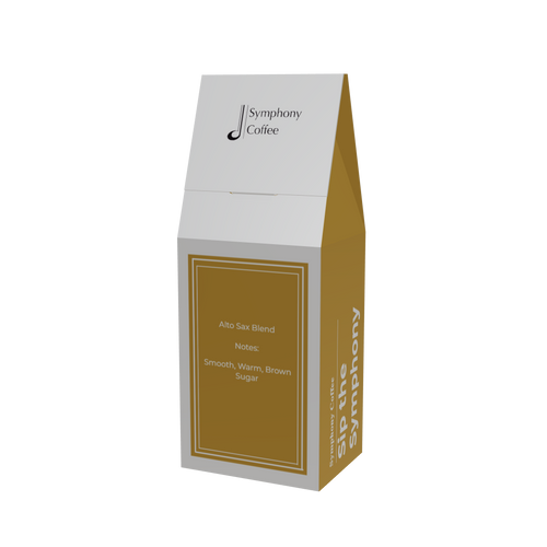 A custom paper package for Symphony Coffee's Alto Sax Blend back. The packaging features a white top flap and sides with a large, warm brown-gold front panel containing the product name and description.
