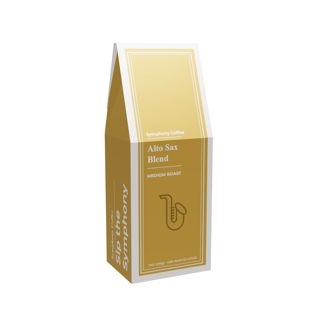 A coffee bag package for Symphony Coffee's Alto Sax Blend Medium Roast, featuring a gold and white design with a saxophone icon.