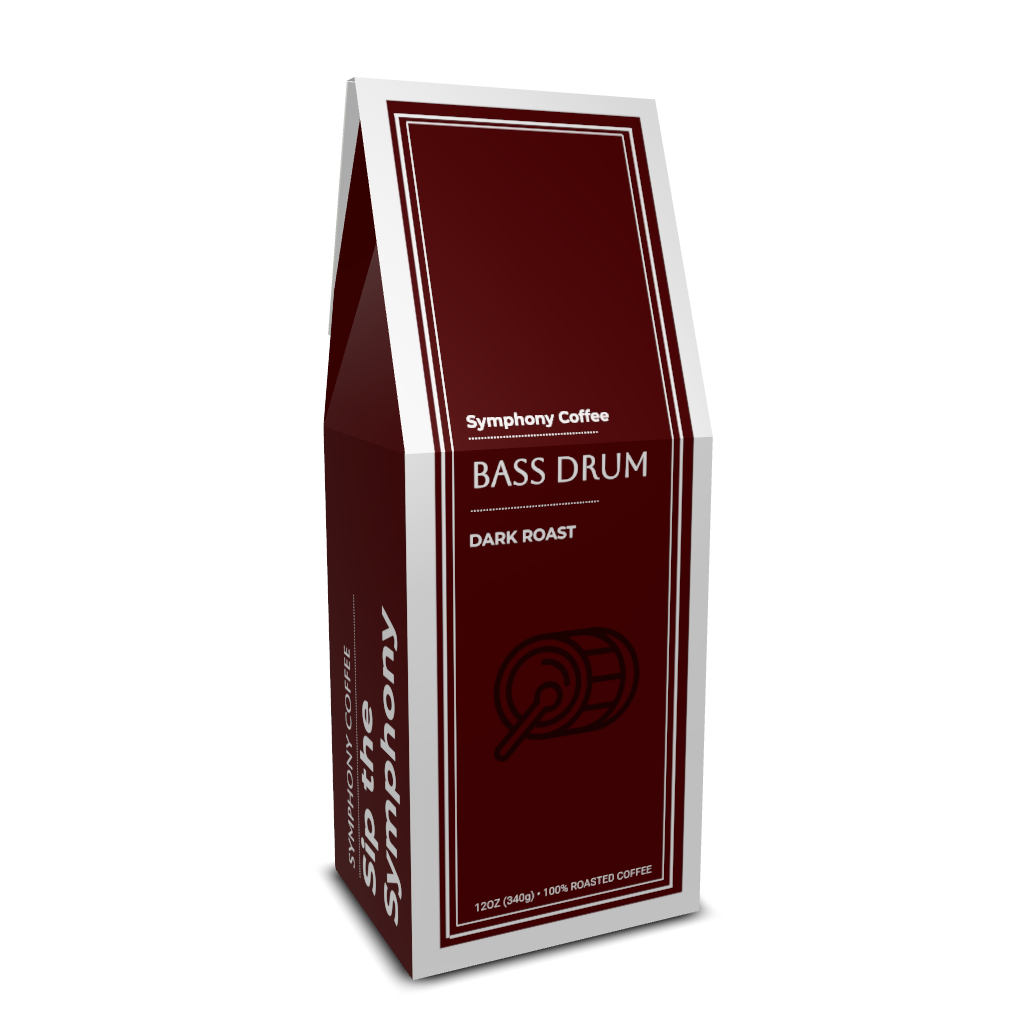 Symphony Coffee Bass Drum Dark Roast coffee bag on a white background