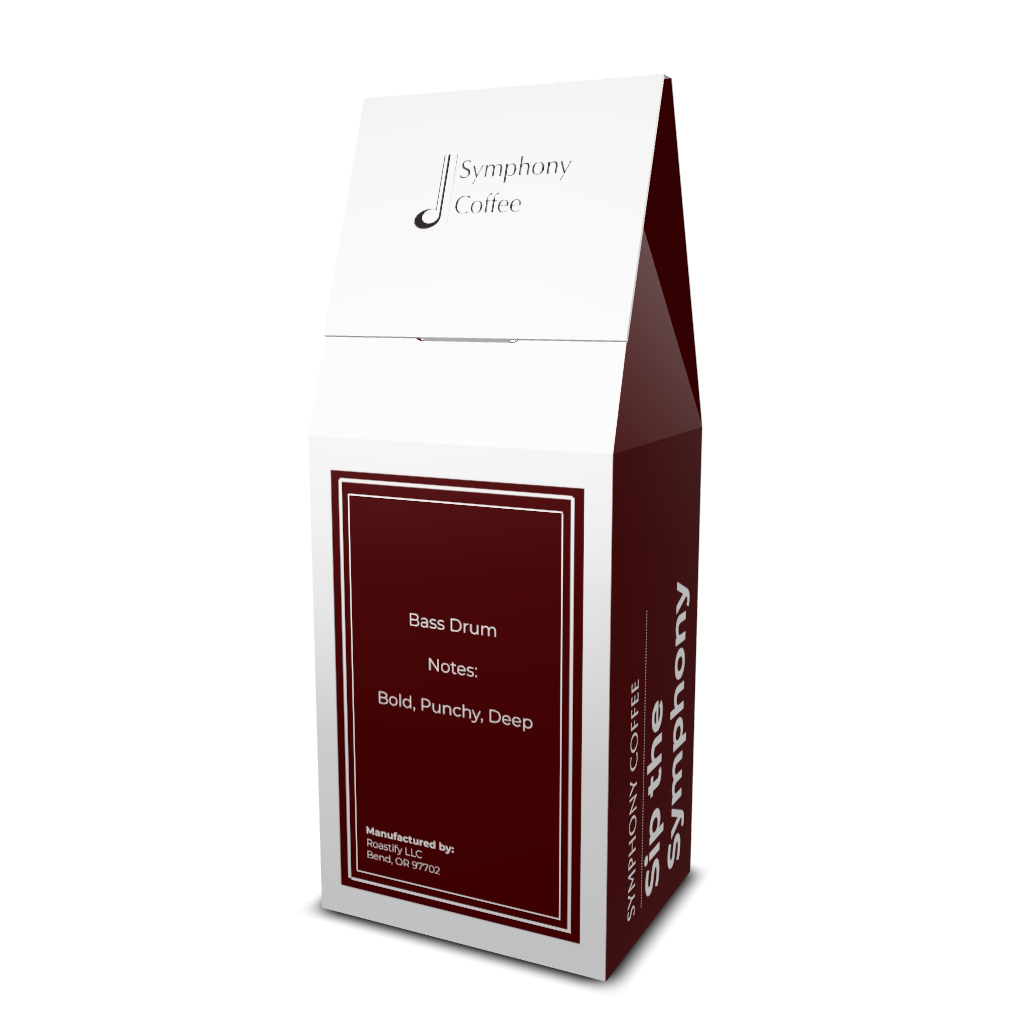 Symphony Coffee Bass Drum package back with maroon and white design on a white background