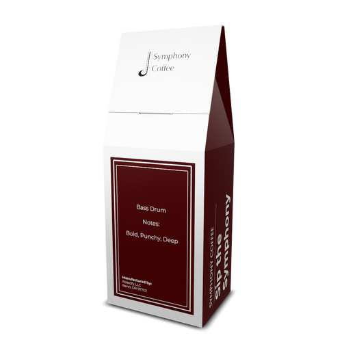 Symphony Coffee Bass Drum package back with maroon and white design on a white background