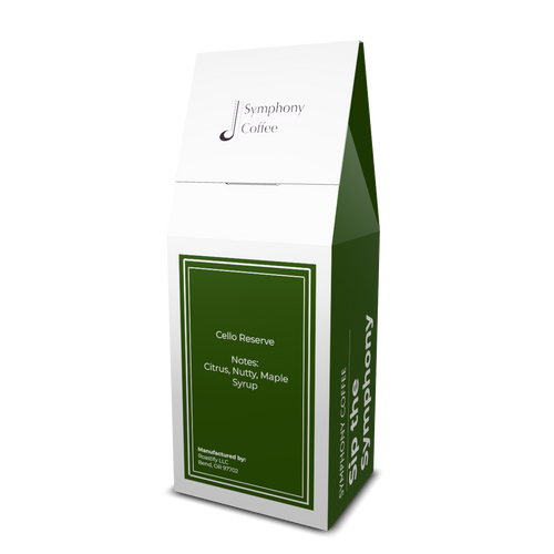Green and white coffee package back with Symphony Coffee branding on a white background