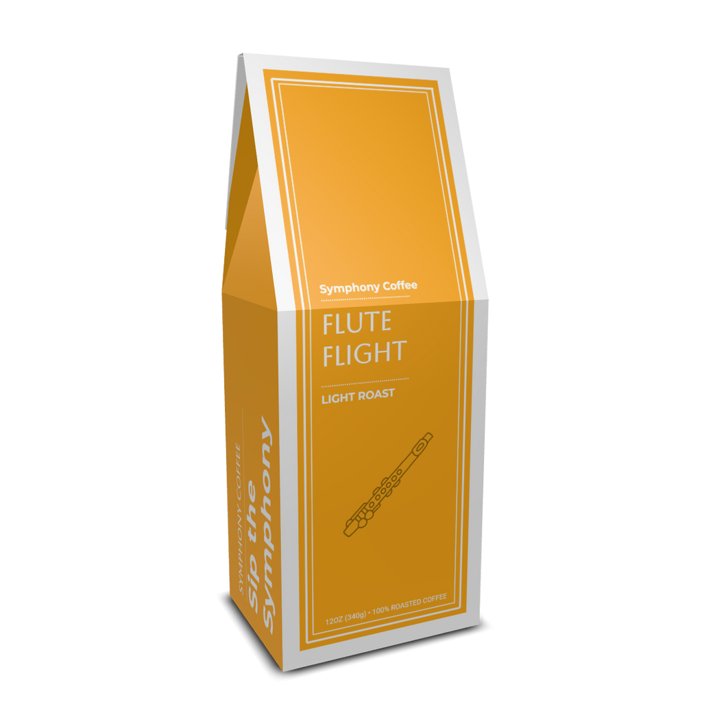 Symphony Coffee bag labeled 'Flute Flight' from Symphony Coffee on a white background