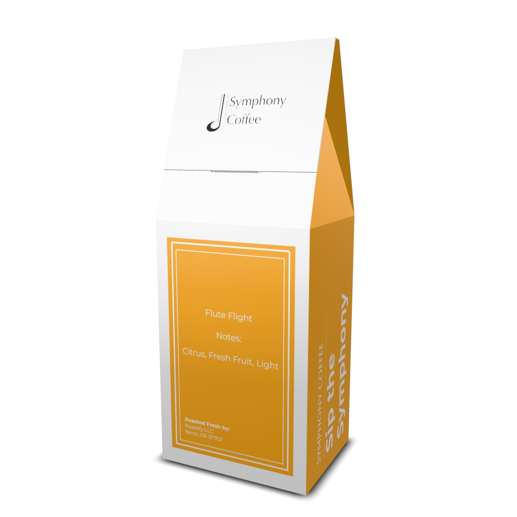 Symphony Coffee package back with white and orange design on a white background