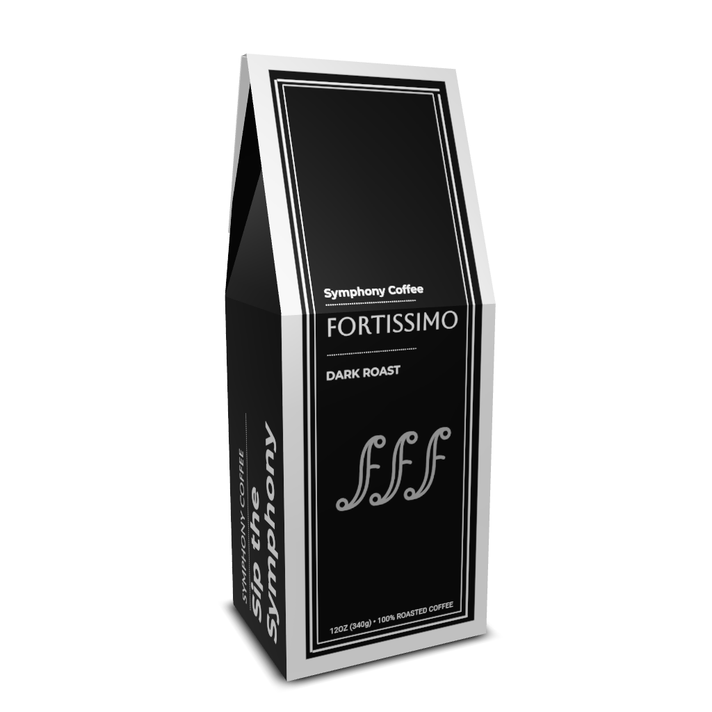Symphony Coffee Fortissimo Dark Roast coffee package on a white background