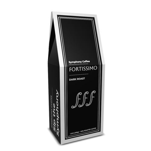 Symphony Coffee Fortissimo Dark Roast coffee package on a white background