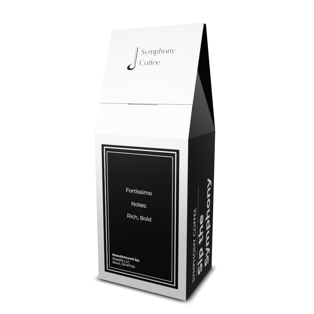 fortissimo Coffee packaging back with Symphony Coffee branding on a white background