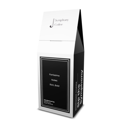 fortissimo Coffee packaging back with Symphony Coffee branding on a white background