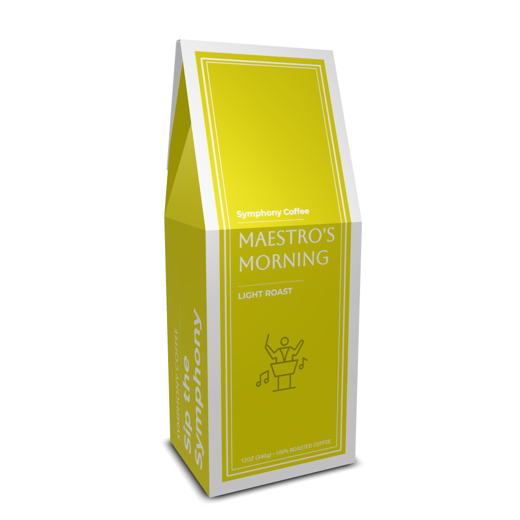 Yellow coffee bag labeled 'Maestro's Morning' from Symphony Coffee on a white background