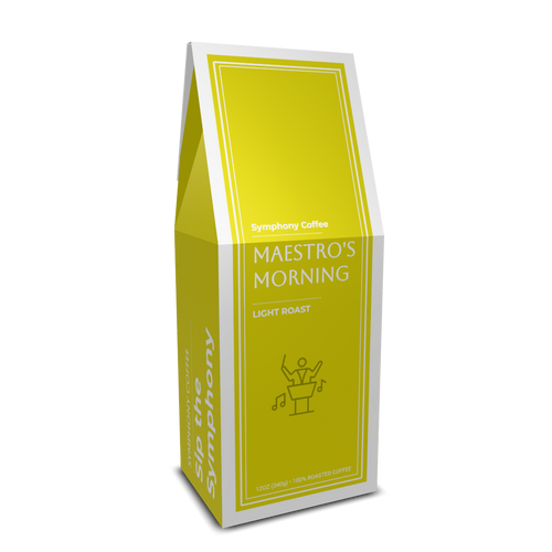 Yellow coffee bag labeled 'Maestro's Morning' from Symphony Coffee on a white background