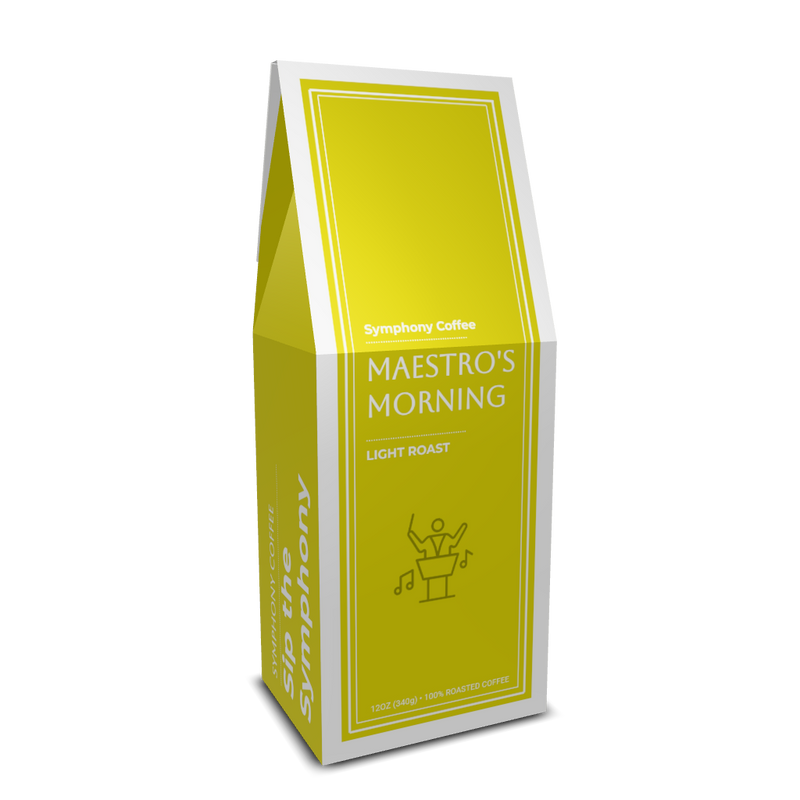 Yellow coffee bag labeled 'Maestro's Morning' from Symphony Coffee on a white background