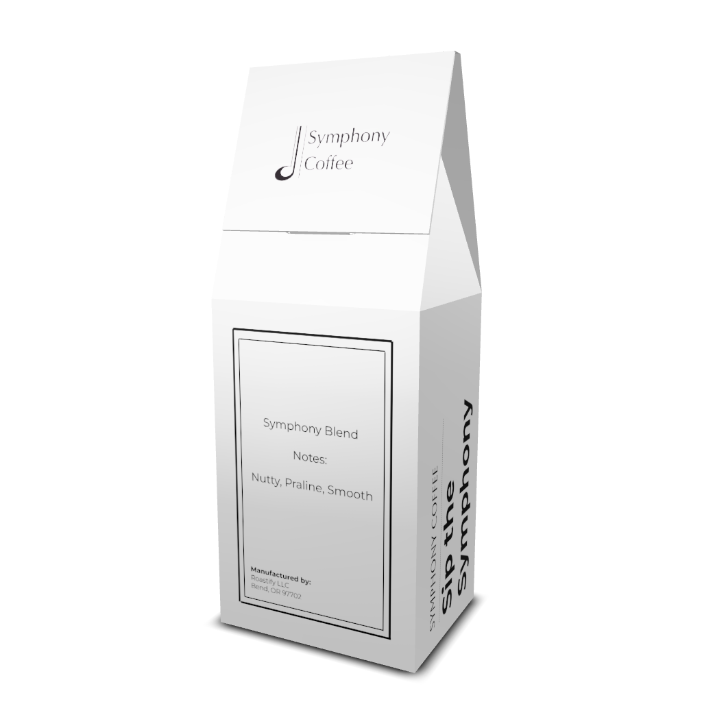 White coffee packaging with 'Symphony Coffee' branding on a white background