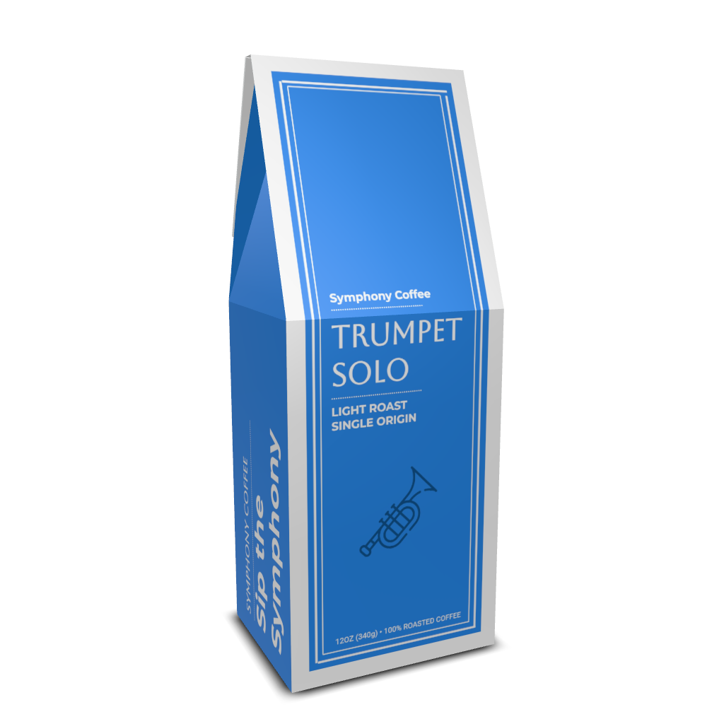 Symphony Coffee Trumpet Solo light roast single origin coffee package on a white background