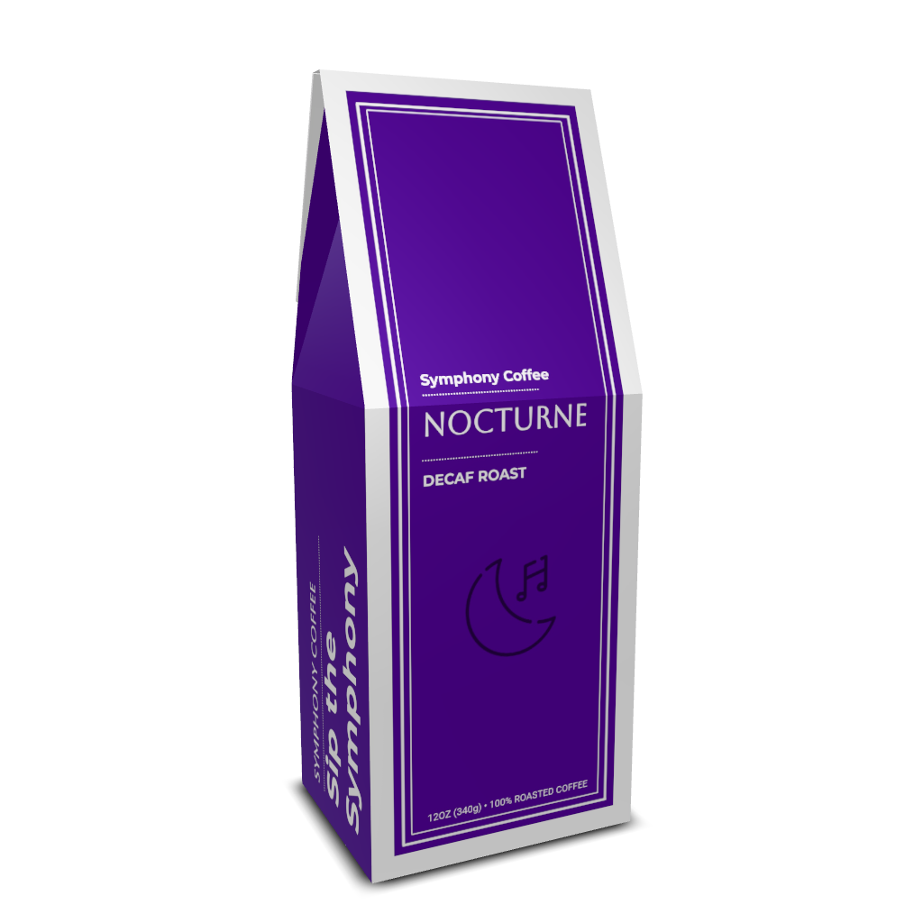 Purple coffee bag labeled 'Nocturne' from Symphony Coffee on a white background
