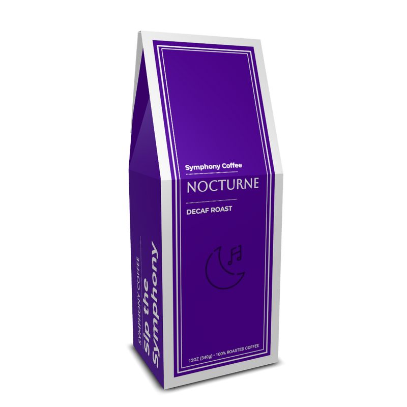 Purple coffee bag labeled 'Nocturne' from Symphony Coffee on a white background