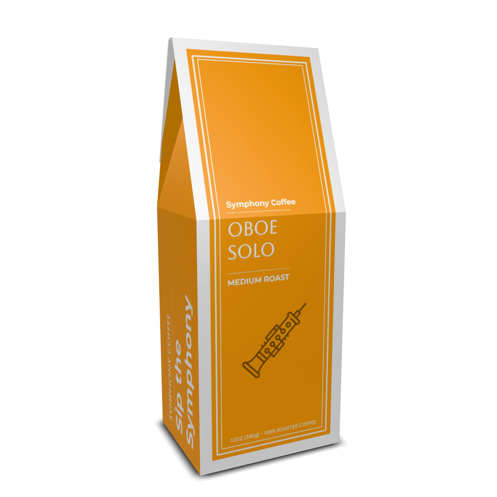 Orange coffee box labeled 'Oboe Solo' from Symphony Coffees on a white background