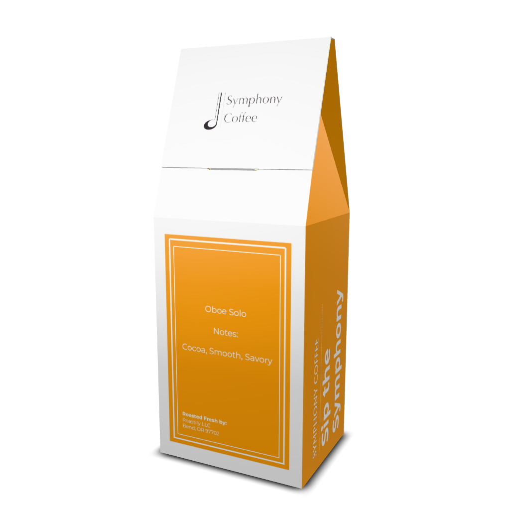 Symphony Coffee package with white and orange design on a white background