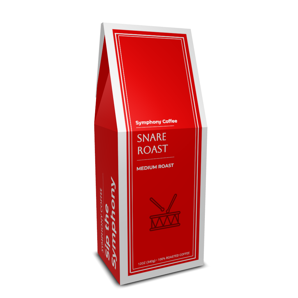 Red coffee bag labeled 'Snare Roast' from Symphony Coffee on a white background