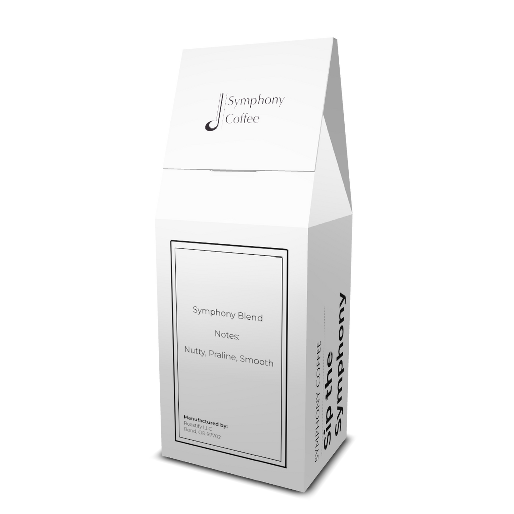White coffee packaging back with 'Symphony Coffee' branding on a white background