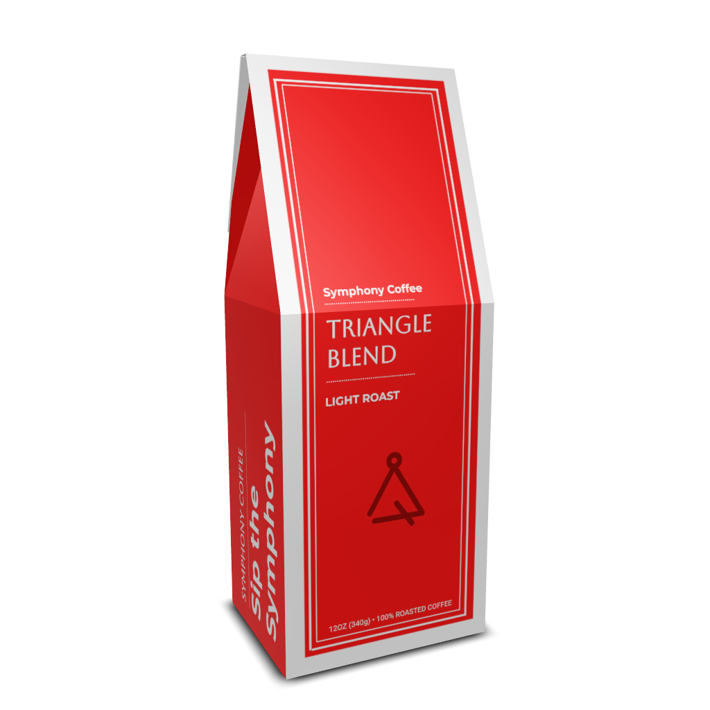 Triangle Blend coffee by Symphony Coffee, featuring a bag with a modern triangle logo and rich roasted coffee beans.