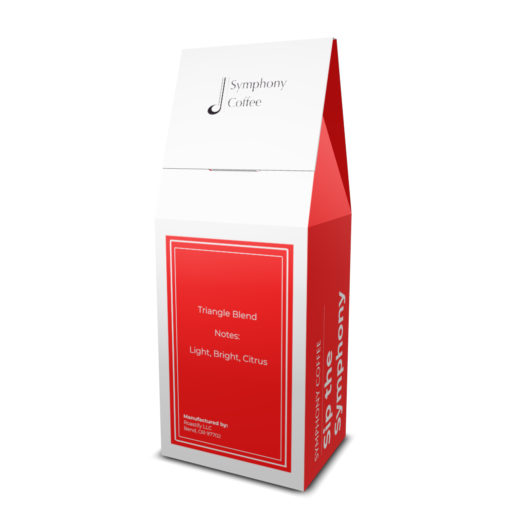 Red and white Symphony Coffee package of Triangle blend back on a white background