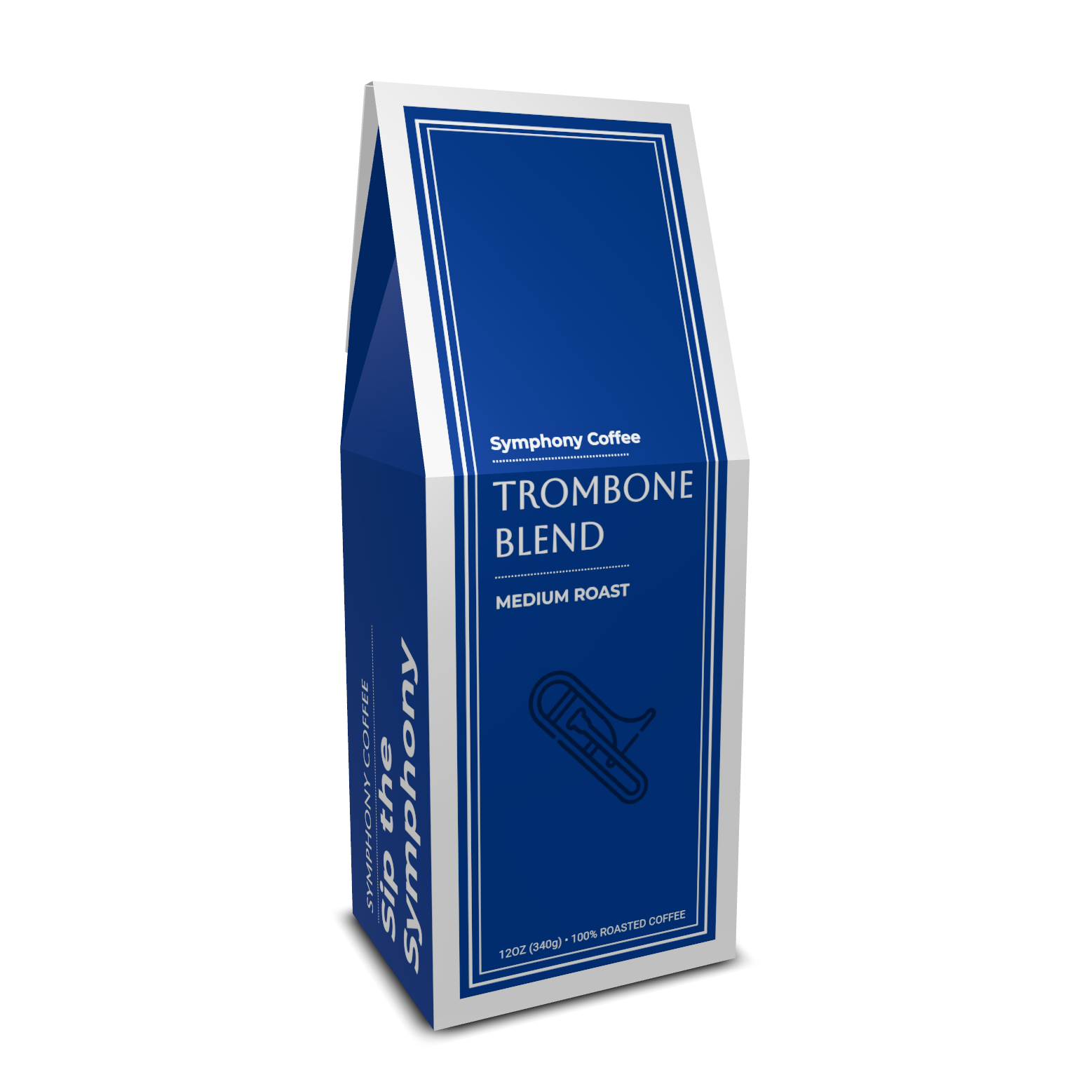 Symphony Coffee Trombone Blend coffee bag with artwork featuring a detailed illustration of a trombone for a musical-themed coffee.