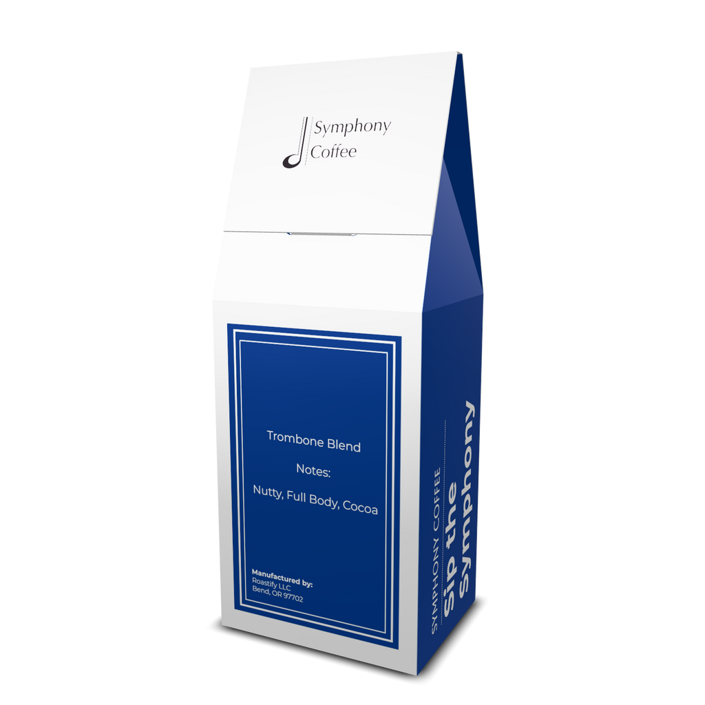 Symphony Coffee Trombone Blend coffee bag featuring a vibrant, musical-themed design with a trombone illustration.