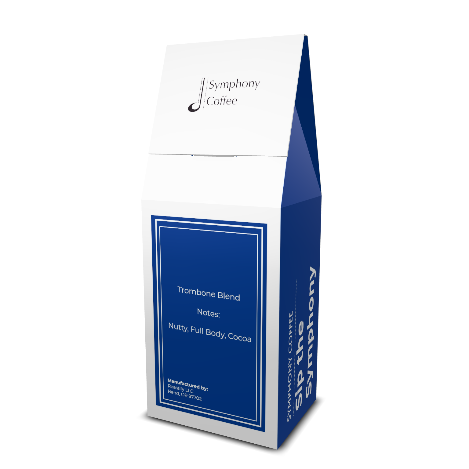 Symphony Coffee Trombone Blend coffee bag featuring a vibrant, musical-themed design with a trombone illustration.