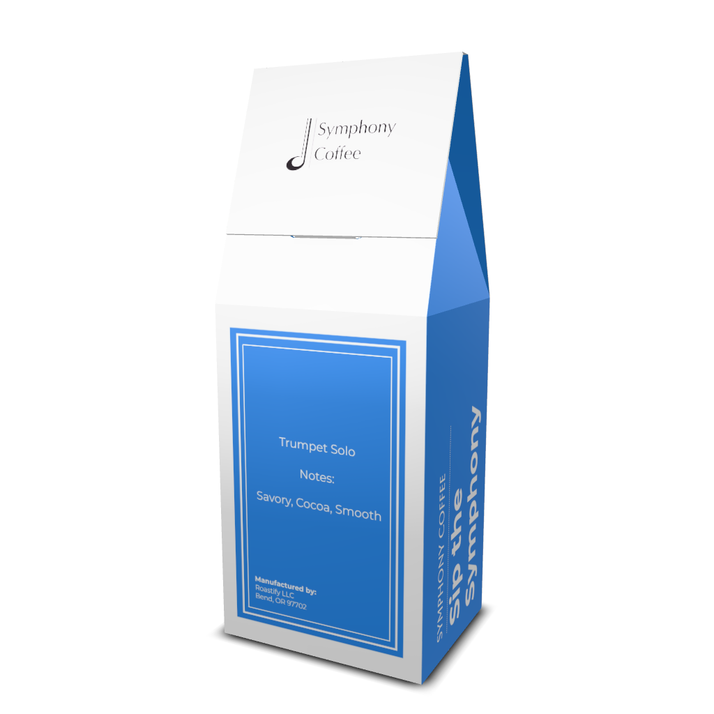 Symphony Coffee Trumpet Solo package back view with blue and white design on a white background