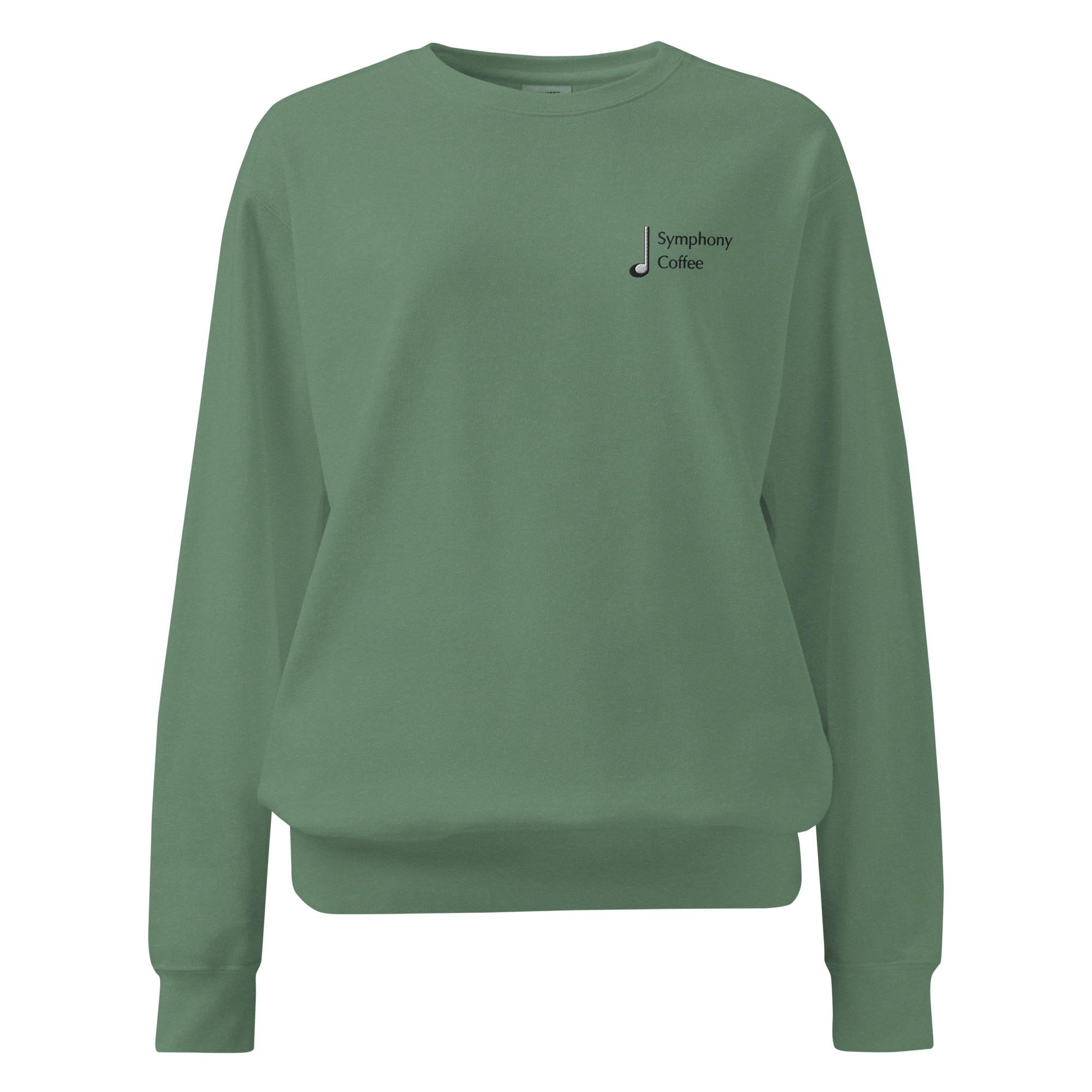 Green sweatshirt with a logo on the chest against 