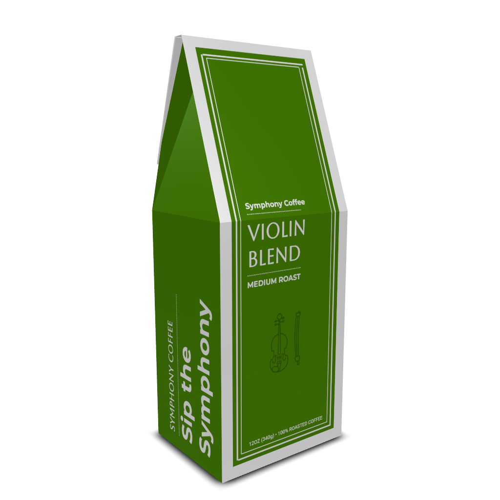 Green coffee bag labeled 'Violin Blend' from Symphony Coffee on a white background