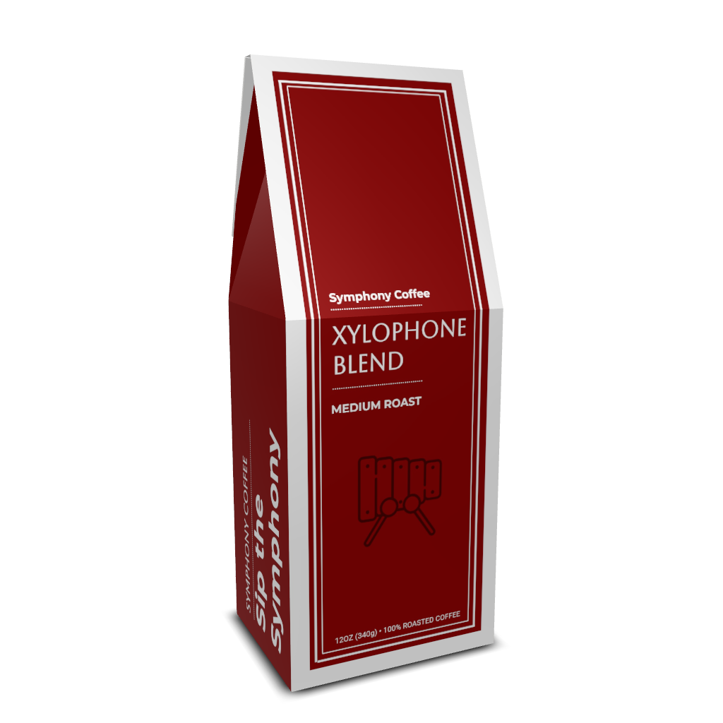Red coffee bag labeled 'Xylophone Blend' from Symphony Coffee on a white background