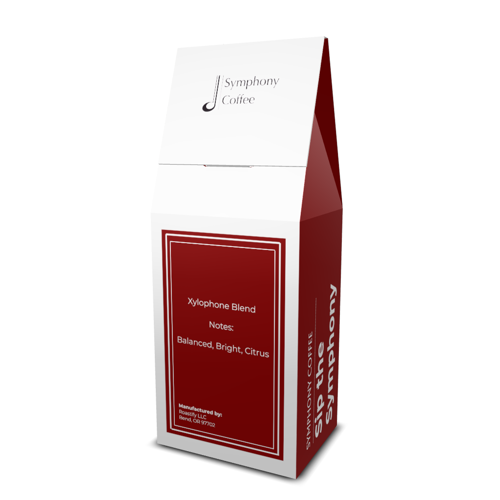 Symphony Coffee Xylophone Blend package back with red and white design on a white background